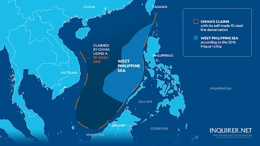 Map dictating china’s claims with its self-made 10-dash line demarcation & west philippine sea according to the 20216 Hague ruling.